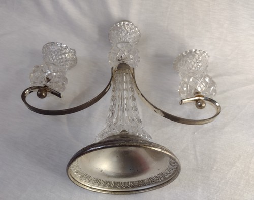 Portacandele tre bracci cristallo taglio vetro e piatto argento 21 cm vintage - Foto 13 di 13