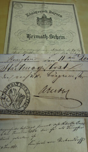 Heimatschein KEMPTEN 1861 für Sibylla ERICH, Zeugnisse von SECKENDORFF, Augsburg - Bild 1 von 12