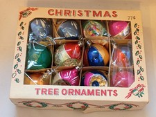 Vtg 12 Christmas Glass Hand Painted Boxed Ornaments with 4 Indented Ornaments