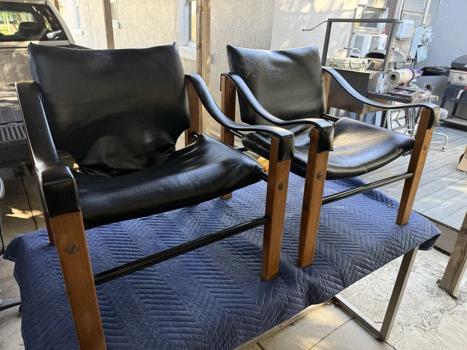 1960’s MCM Chelsea Arkana Safari Chairs Maurice Burke Black Faux Leather & Teak - Image 4 of 4