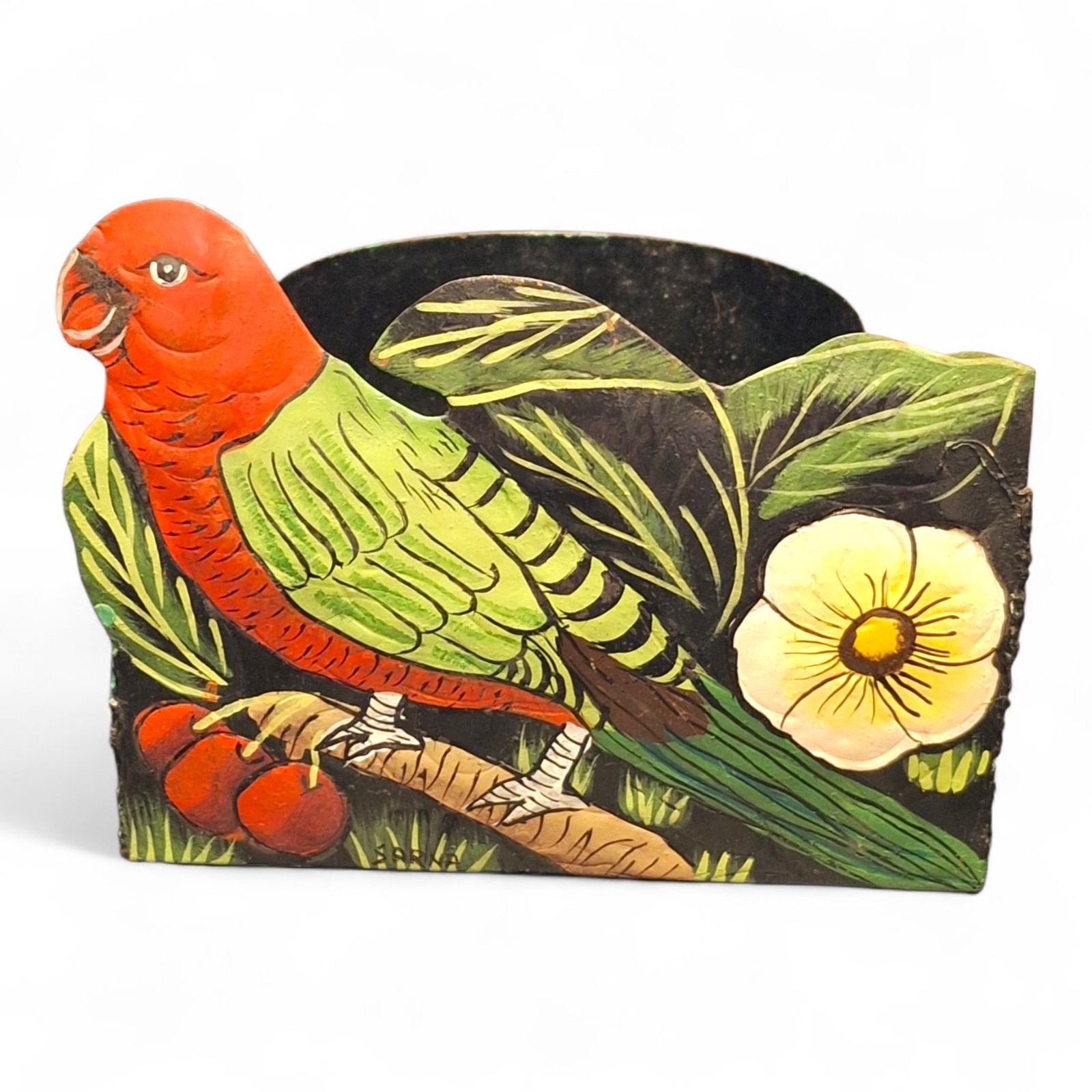 Vintage Boho Metal Hand Painted Parakeet Wall Hanging Pocket Planter