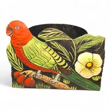 Vintage Boho Metal Hand Painted Parakeet Wall Hanging Pocket Planter