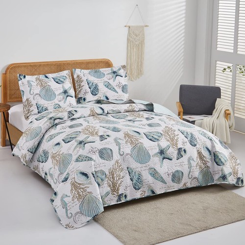 3 Pieces Beach Shell Bedspread Queen Size Ocean Theme Seashell Conch Summer Q... - Picture 5 of 7
