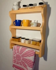 Handmade Rustic Spice Rack – Beige Wooden Farmhouse Kitchen Wall Shelf 57×48 cm