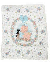 Vintage Precious Moments Baby Blanket Quilted Floral Pig Skunk White Blue Quilt