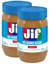 Jif No Added Sugar Creamy Peanut Butter Spread, 33.5 oz - Smooth (2 Pack)