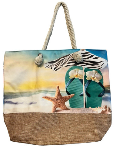 Large Beach Theme Soft Fabric Tote Bag Rope Handles Zips Starfish Sand Sandals