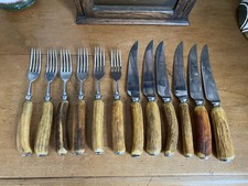 Rare Lewis Rose & Co Vintage Antler Horn Sheffield Steak Knives And Forks x12