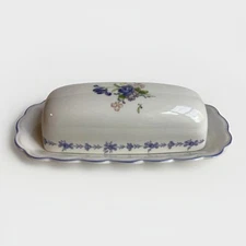 Nikko Blue Peony Covered Butter Dish 2 Pc Set Floral Cottagecore Scalloped Japan