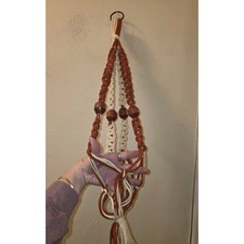Vintage 70s Handmade Macrame Plant Hanger Wooden Beads Brown Boho Heritage 24x8