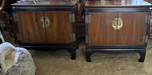 MCM Burl Wood And Brass Lane Chin Hua Chinoiseries Nightstand Sidetable Pair