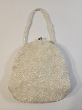 Vtg Richere White Iridescent Beaded Handbag Kiss Clasp Hand Made Japan Handle...