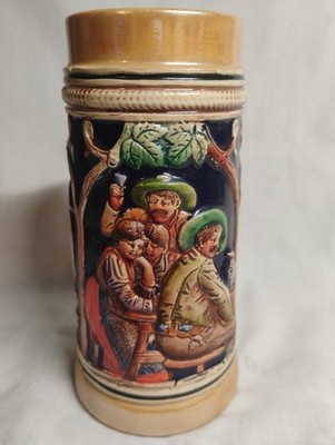 Vintage German Beer Stein Mug E&R Golden Crown Germany Hand Painted Tavern Scene
