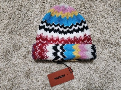 Missoni Wave Wool Blend Multi Color Chevron Geometric Knit Beanie Hat $265 NWT