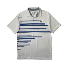 Under Armour Polo Shirt Men M Medium White Blue Stripe Playoff Golf Short Sleeve