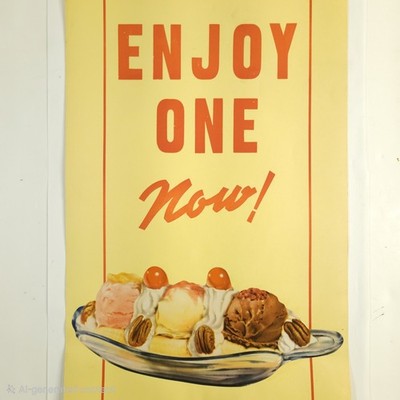 Vintage Banana Split Ice Cream Dessert Broadside Advertising Litho c. 1940s