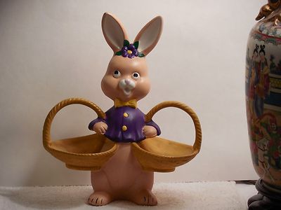 Vintage Heavy Ceramic Bunny Rabbit Holding Two Baskets ~ 10 3/4'' Tall ~ Easter