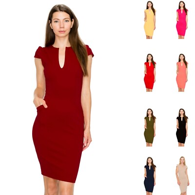 Cap Sleeve Midi Dress V-Neck Bodycon Zipper Back Pockets D3390 | eBay