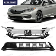 Bumper Upper Lower Grille Grill w/Chrome Molding Set For 2016 2017 Honda Accord