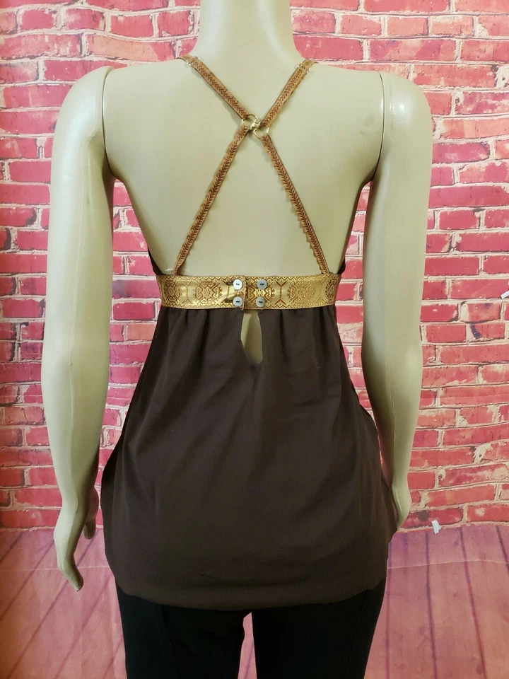 WESTON WEAR ANTHROPOLOGIE FEMININO XS DOURADO MARROM ENFEITADO TOP COM TIRAS NOVO (B4) - Imagem 2 de 4