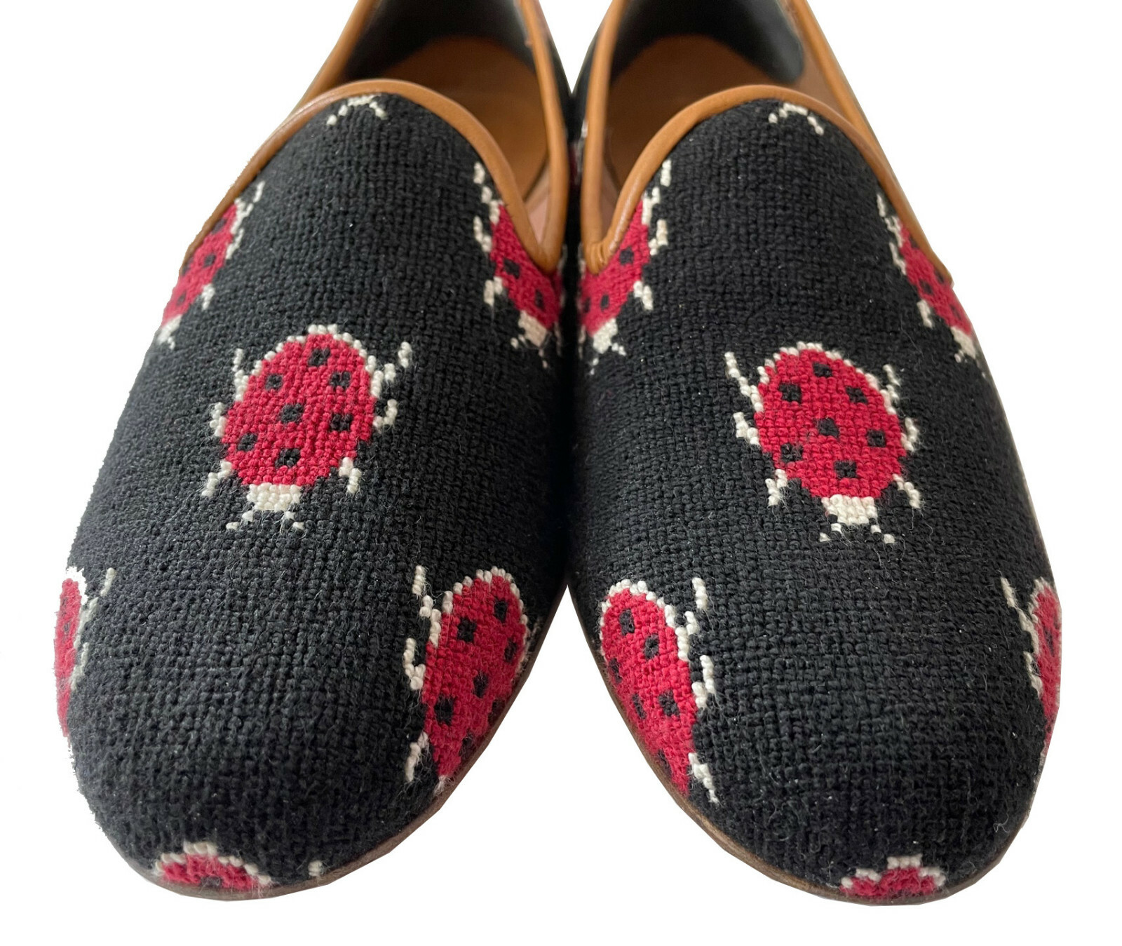 ZALO Black Needlepoint Smoking Slippers SlipOn Loafers LADYBUGS Women