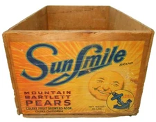 'SUN SMILE' PEARS MOUNTAIN BARTLETT PEARS COLFAX CA VINT WD BOX PEAR ADVRT CRATE