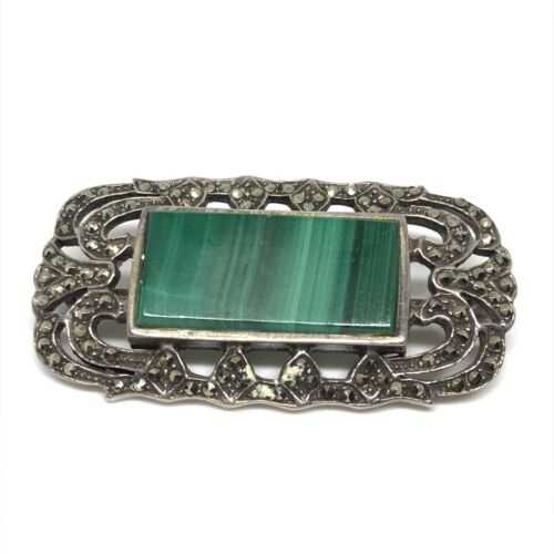 Broche vintage de plata esterlina 925 verde malaquita piedras marcasita - Imagen 1 de 10