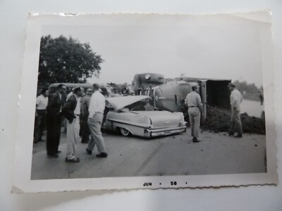 VTG Original BW 1958 Automobile & Dump Truck Crash Photo w Bystanders 5''x3 1/2''