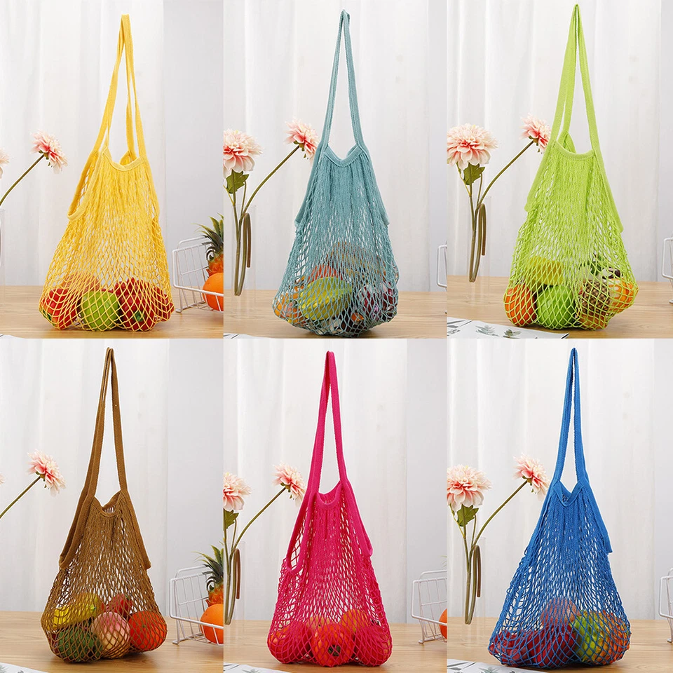 Portable Washable Cotton Mesh String Handbag Long Handle Net Tote Shopping Bags- - Image 2 of 4