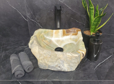 Green Gray and Umber Onyx Stone Vessel Bathroom Sink, 14 x 13.5 inch Small Sink