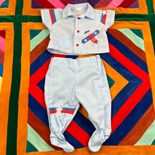 Vintage Baby Boys 2 pc Set Airplane Pilot Shirt Pants Red Blue Stars 3-6 mo
