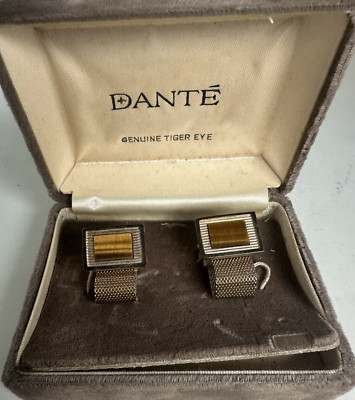 Vintage Dante Cufflinks Set Genuine Tiger Eye Stones Gold Mesh W/Box