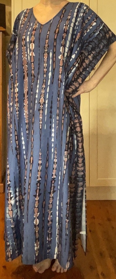 Full Length Relaxed Fit Tunic Kaftan Maxi Dress Blue Black Brown Print 12-14-16