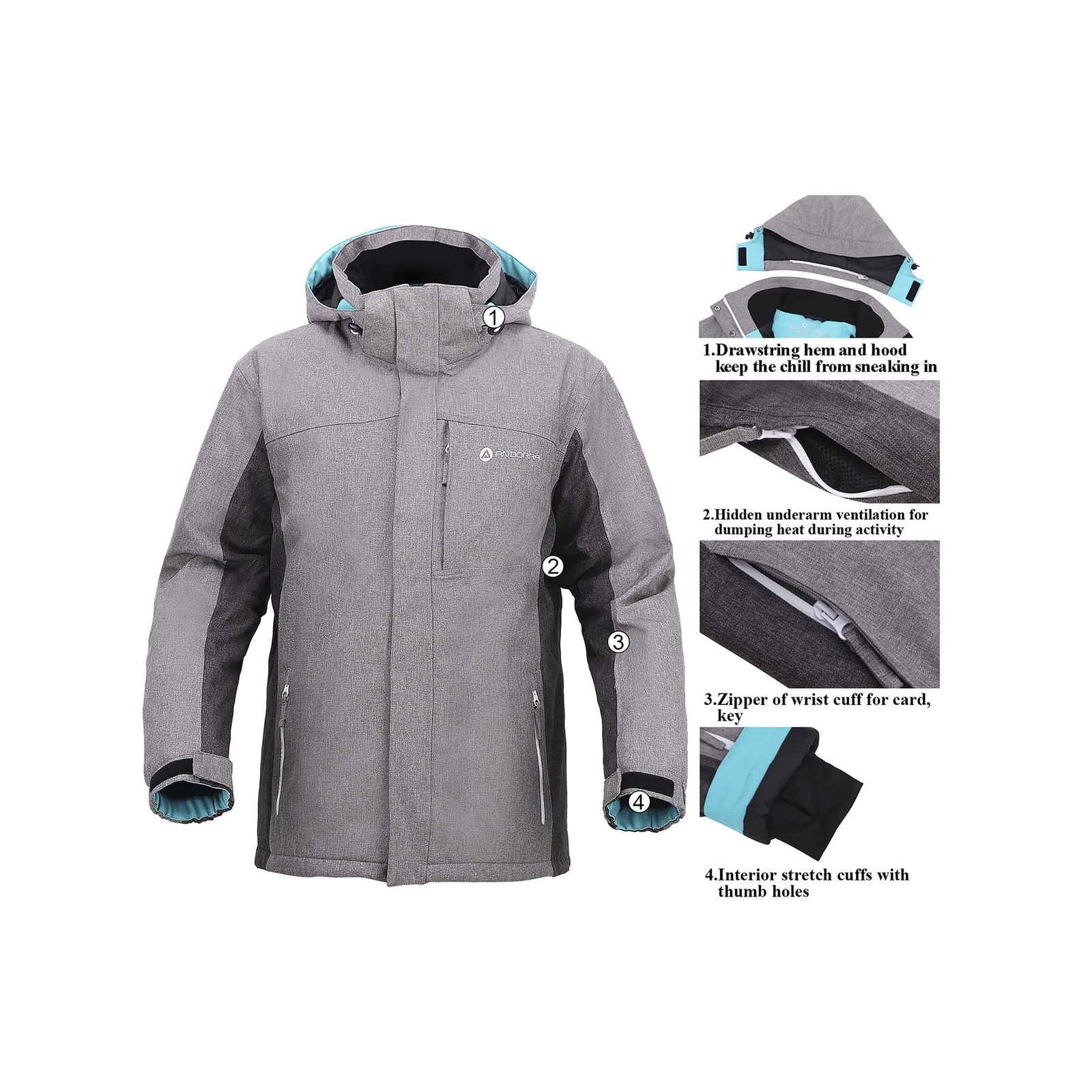 Andorra Men's Performance Insulated Ski Jacket W/ZipOff Hood, Gray