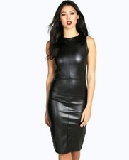 Women's Black Leather Round Neck Dress Soft Sheepskin Causal Ladies Wear Dress