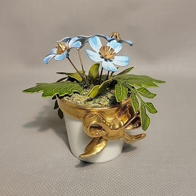 Ted Arnold Brass Metal Enamel Porcelain Blue Flower in Pot
