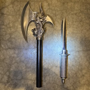 Dragon Head Fantasy Axe w/ Detachable Hidden Dagger Screw-On Silver 2pc Set 25in