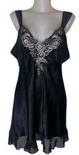 Vtg 90s Womens Black Satin Lace Coquette Dollete Feminine Night Slip Dress Sz L