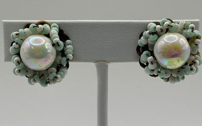 Signed Miriam Haskell Beaded Cluster Earrings Iridescent Glass Cabochon Vintage