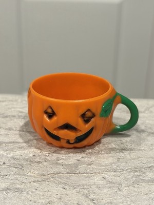 Vintage Halloween Plastic Blow Mold Pumpkin Face Cup With Leaf Handle