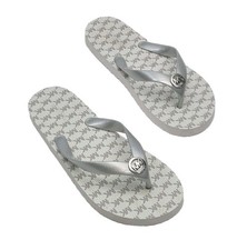 Michael Kors Flip Flop Sandal Shoe Silver White Flat Women Sz 8 Rubber Beach