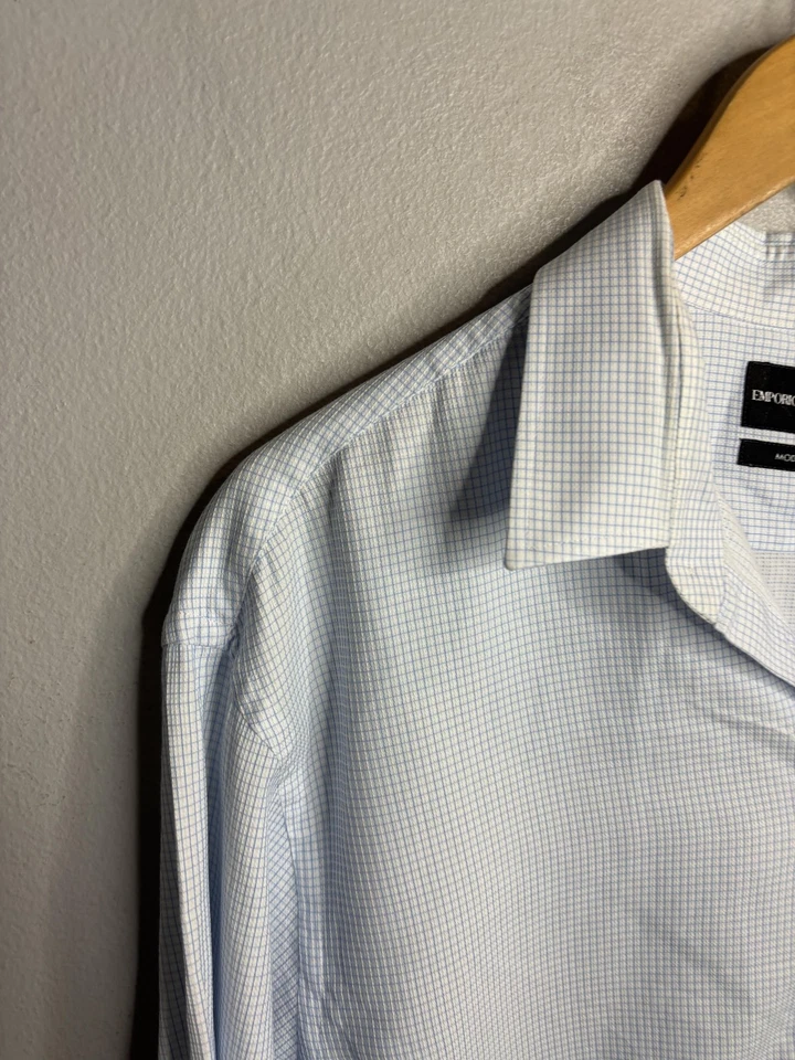 Camisa Emporio Armani Para Hombre 17.5 44 Azul Claro Calce Moderno Manga Larga Micro Cuadros Foto 2 de 4