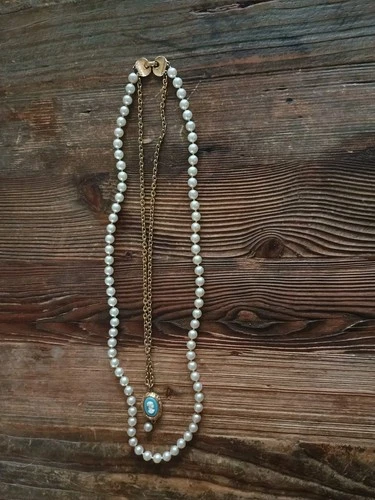 Vintage Costume Jewelry,, Faux Pearl Strand And Blue Camio