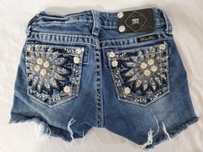 Miss Me Girl's Blue Jean Denim Shorts Floral Flower Bling Pockets Size 12