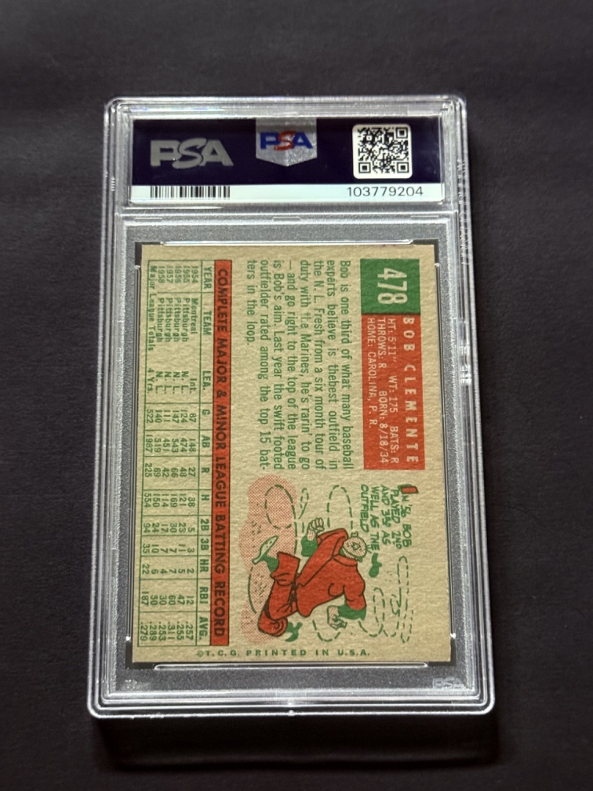1959 Topps #478 Roberto Bob Clemente PSA 7 view 2