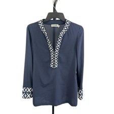 Tory Burch Navy Blue Long Sleeve Tunic Top Blouse Geometric Women's Size 4