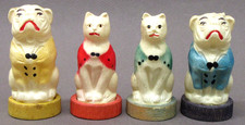 1920's four DOGS  CATS figural 2.25" tall Viscoloid celluloid game pieces
