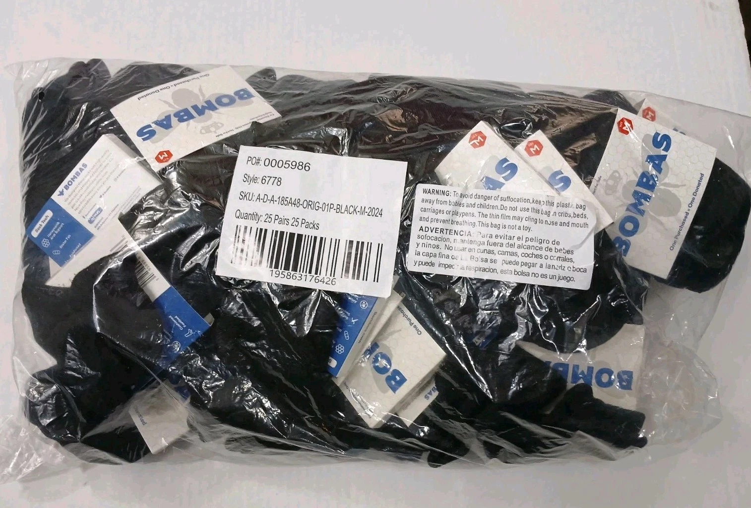 Bombas Black Crew Calf Socks Adult Mediu w Honeycomb Arch Support (Lot 25 Pairs)