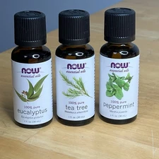 Now Foods Essential Oils 1 oz Bottles Tea Tree, Peppermint, Eucalyptus READ Exp