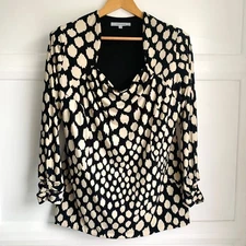 Chesca Patterned Top Blouse UK 16 Black Natural Double Layer Long Sleeve Ruffle